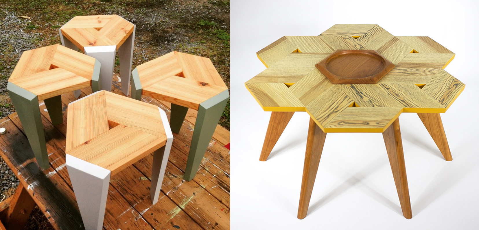 wooden stool and table designs that both incorporate a central hexagon of wood.