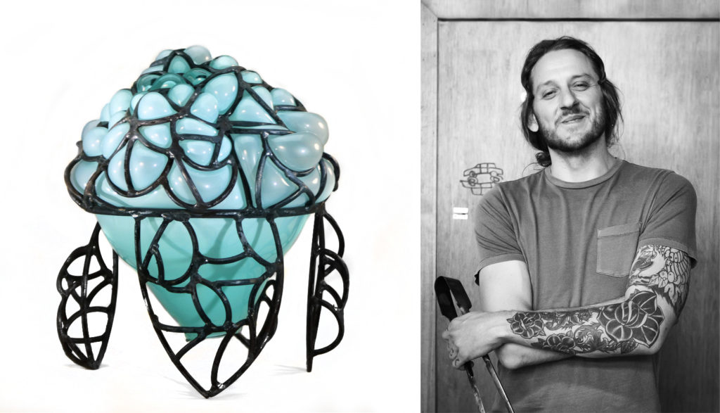 Josh Fredock portrait and piece of glass/metal sculpture