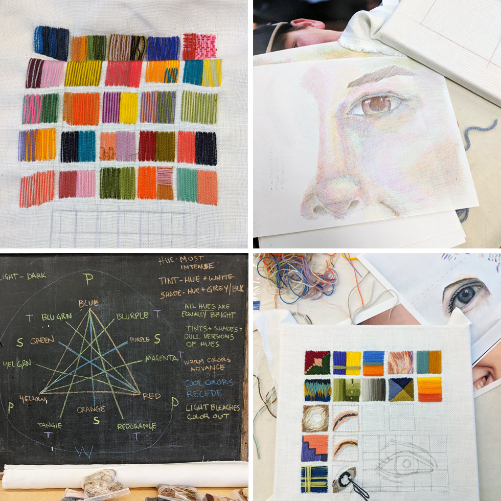 Stitching samples, color theory explanations, and colored pencil drawings from Ruth's Penland workshop