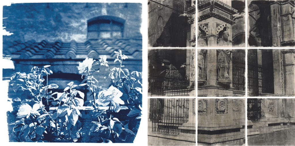 two prints by Jill Enfield, one of roses in front of an Italian-style villa, one of a carved column on an ornate building