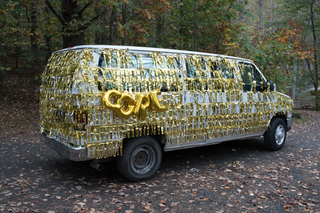Only a gold van is fit to chauffeur the core fellows on their big day!