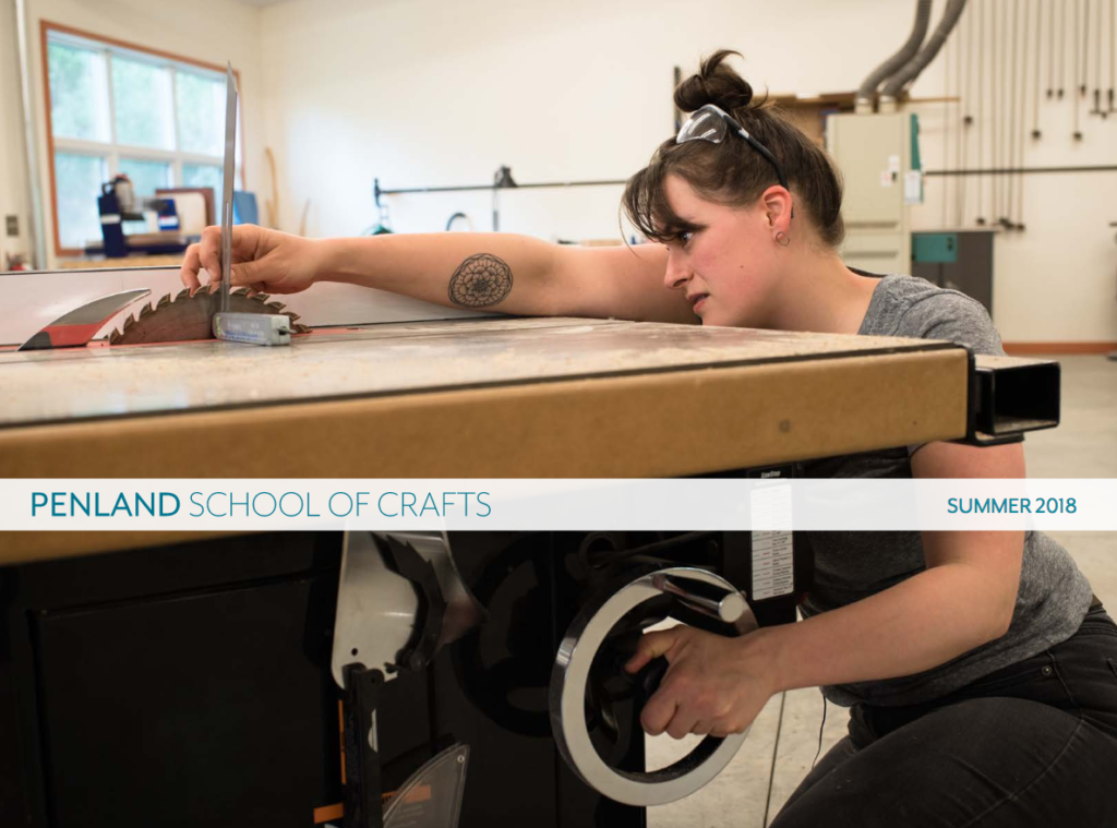 Cover image; woman adjusts table saw in woodworking studio