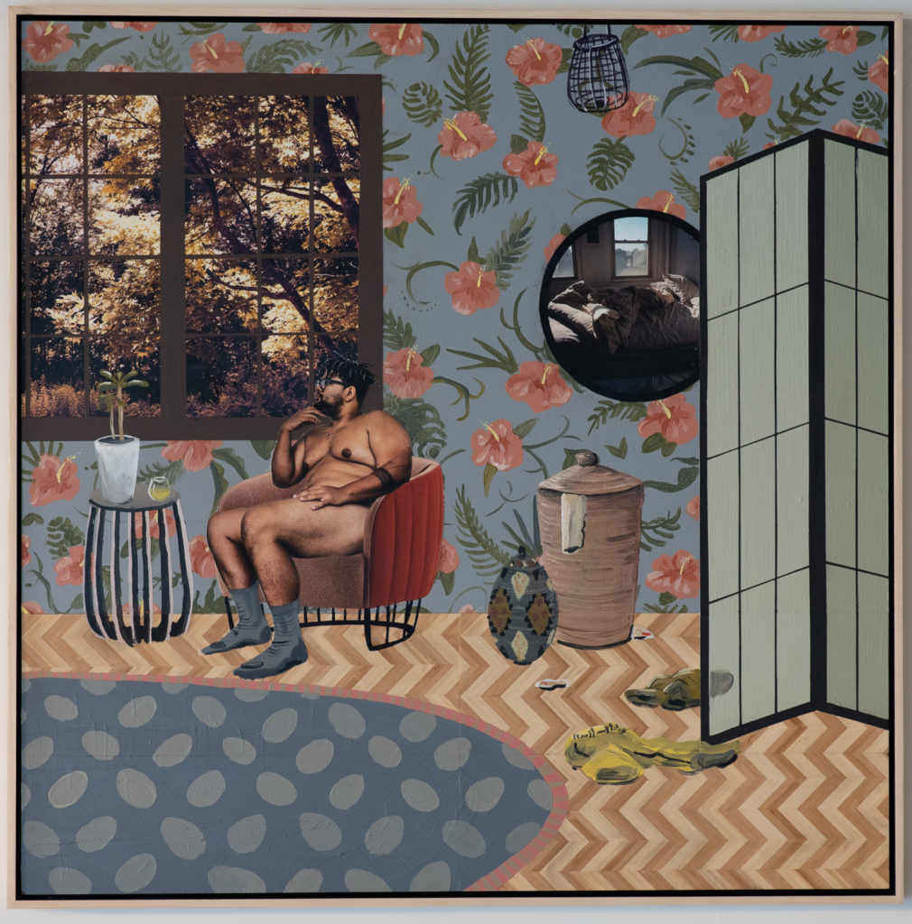 Corey Pemberton, “I have nothing to wear,” acrylic, bamboo parquetry, inkjet print on panel