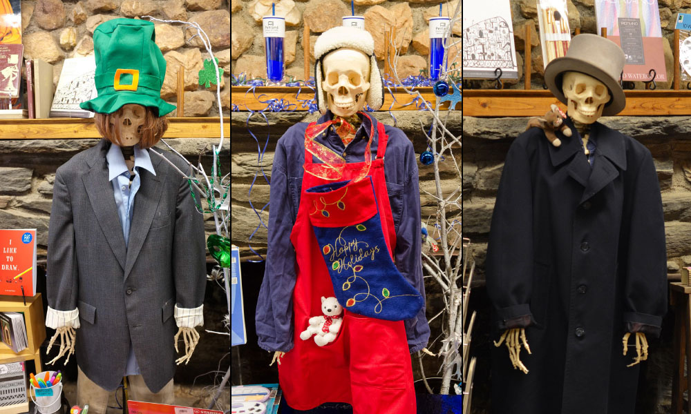 Skeleton in funny costumes