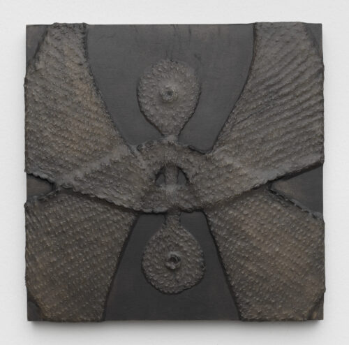 Amy Jacobs, Amelia, handmade abaca paper with embedded textile, graphite, and wax on wood, 14 x 14 x 1 inches