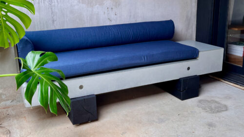 Mark Melonas, Loveseat, concrete, weathering steel, black locust, upholstery, 21 x 56 x 21 inches