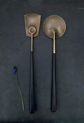 Erica Moody, Pressed Brass Moon and Ring Utensils, brass, charred maple, 12 inches long