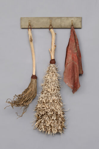 Jo Stealey, Dusters, overbeaten abaca and flax, river willow, waxed linen, 36 x 20 x 6 inches