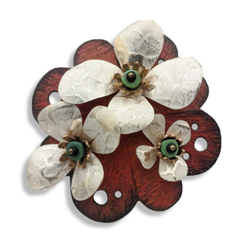 Deb Karash, Floating Flowers, silver/copper bimetal, silver, brass, turquoise, Prismacolor, 3 x 3 inches