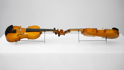 R. Eric McMaster, An Instrument for a Duet, wood, varnish, strings, hardware, 46 x 8 x 6 inches