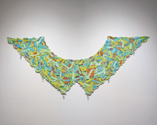 Kelly Taylor Mitchell, Untitled (Green), handmade pulp, painted cotton, mesh, grommets; hand sewing, 86 x 44 inches