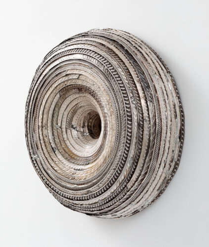 Jaydan Moore, Coil #2, found silver-plated platters, 18 x 18 x 5 inches