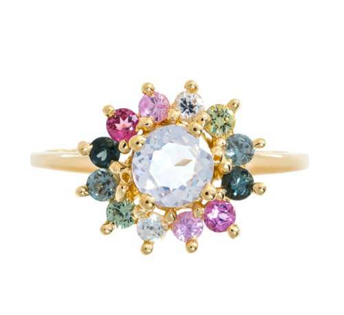 Ruta Reifen, Monde Ring, 14k gold, multicolored sapphires, lavender amethyst, 3/4 x 1/2 x 1/2 inches