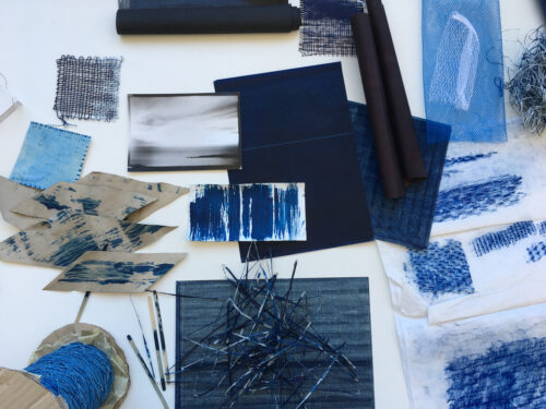 Ismini Samanidou, Studies, carbon paper, cyanotype on Japanese paper and wood, photograph, drawing, weaving