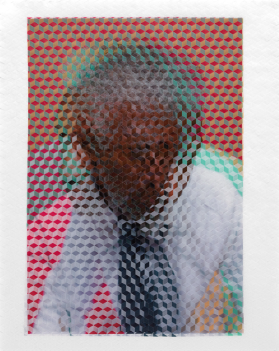 David Samuel Stern, Untitled Woven Portrait 2, three photographic prints on translucent vellum, cut and woven together by hand, 31 x 24 inches