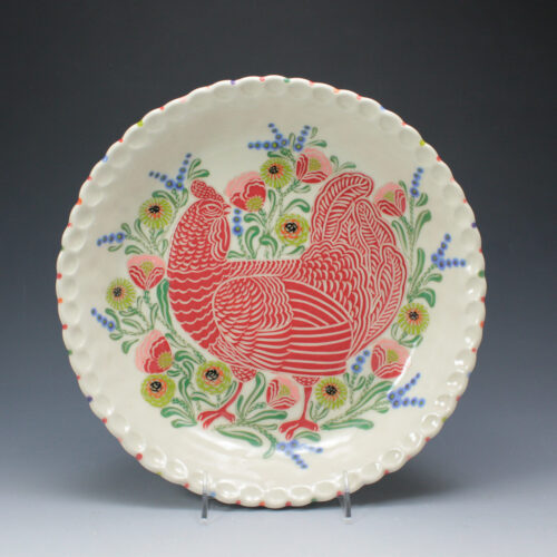 Sue Tirrell, Red Chicken Pie Dish, porcelain, underglaze sgraffito design, 11 x 11 x 2-1/2 inches