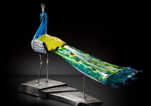 Karen Willenbrink-Johnsen and Jasen Johnsen, Peacock, blown and sculpted glass, steel,
20 x 30 x 13 inches