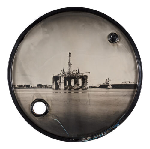 David Emitt Adams, Offshore, Pascagoula, Mississippi, tintype on 55-gallon drum lid, 23-1/2 inches diameter