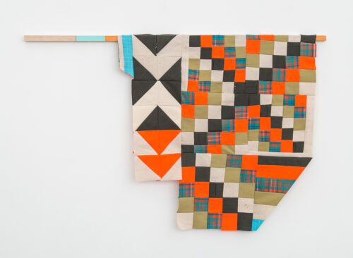 Paolo Arao, Hunting Season, cotton, canvas, flannel, wool, acrylic, colored pencil, wood, 28 x 42 inches; photo by Cary Whittier