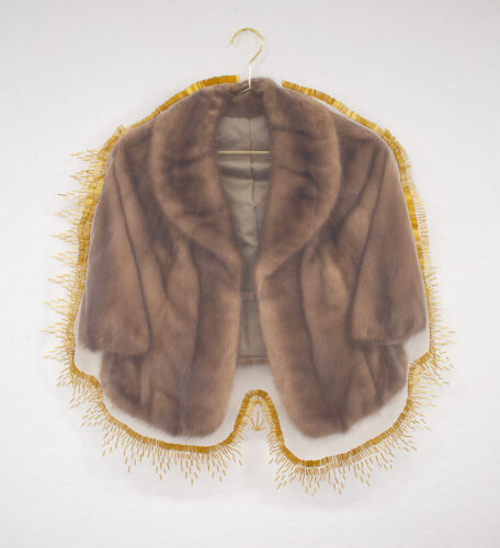 April Dauscha, Matrimonial Stole, tulle, my grandmother’s mink stole, thread, glass beads, hanger, 32 x 27 inches