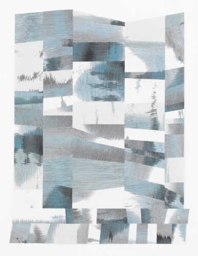 Andrea Donnelly, Blue Brushes, handwoven cotton, dye, pigment, PVA, cotton backing, 39-1/2 x 30 inches