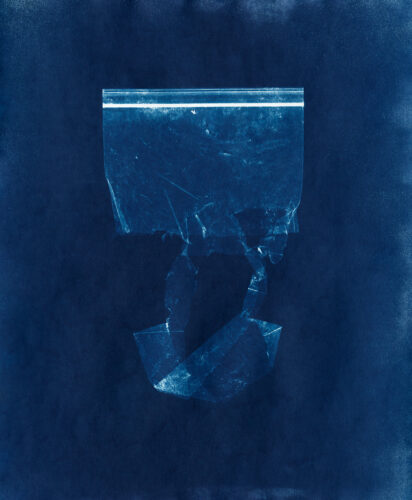 Elizabeth Ellenwood, Sandwich Bag Collected on December 3, 2018, archival pigment print from cyanotype original, 40 x 30 inches