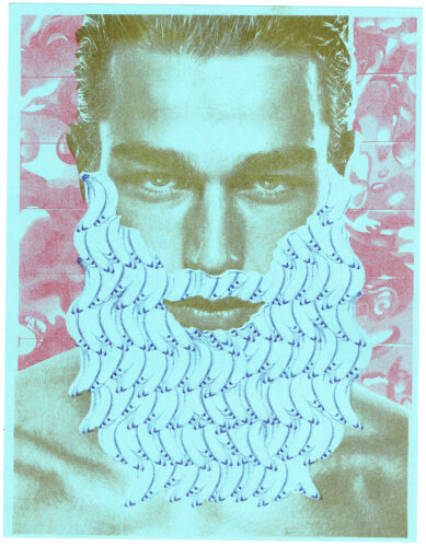 Jeffrey Evergreen, Blue Banana Beard, 3-color Riso print on paper, 8-1/2 x 11 inches
