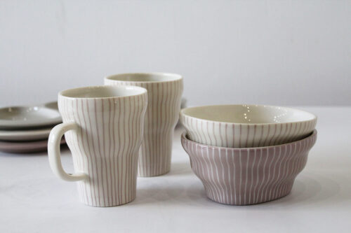 Hiroe Hanazono, Cups and Bowls, slip-cast porcelain, mug: 4-1/2 x 4 x 3-1/2 inches, bowl: 2-1/2 x 6 x 5 inches
