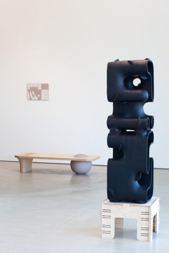 Del Harrow, Table and Surface/Hole/Shadow, ceramic, glaze, plywood, sculpture on right: 60 x 20 x 20 inches