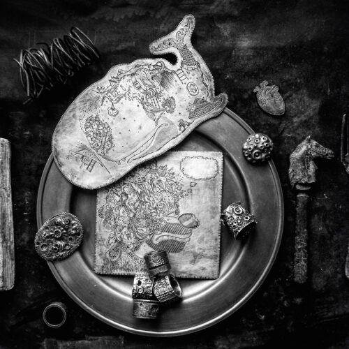 Pierce Healy, Stable Meal, silver, copper, tin, found objects, 4 x 8 x 2 inches