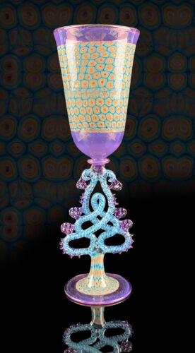 Jeff Heath, Rainbow Murrine Goblet with Knot Stem, flameworked glass, 11 x 4 x 4 inches
