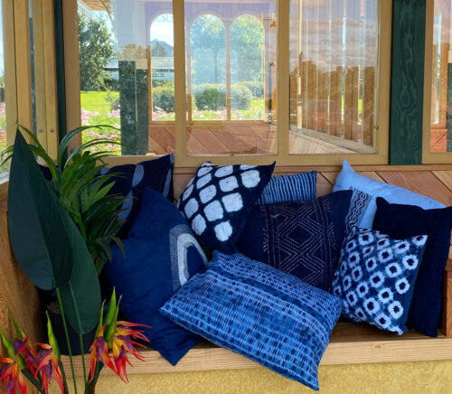 Lucille Junkere, Indigo-Dyed Cushions, cotton fabric, embroidery thread, natural indigo