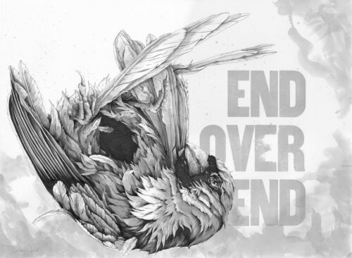 Alexander Lee Landerman, End Over End, ink drawing, letterpress printing from wood type, 22 x 30 inches