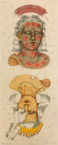 two female faces, one upright and one upside down