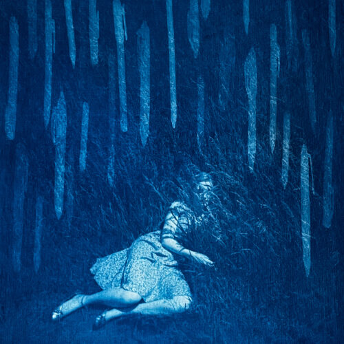 Emma Powell, Writer’s Block, cyanotype photogram and photograph on silk/hemp fabric, 16 x 16 inches