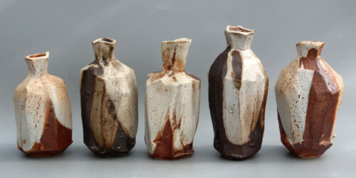 Elena Renker, Sake Bottles, wood-fired stoneware, tallest: 6-1/4 inches