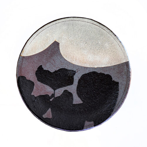 Lindsay Rogers, Shadow Plate, lizella clay, porcelain slip, black glaze, 9-1/2 x 9-1/2 x 1 inches