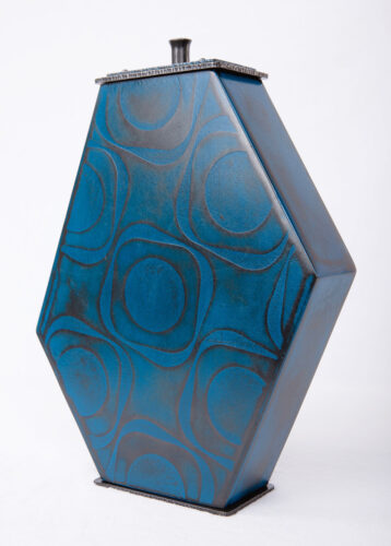 Eric A. Ryser, Better Off, forged and fabricated steel, acid-etched pattern, paint, 12 x 7 x 2-3/4 inches