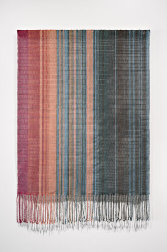Tali Weinberg, Water Bodies, hemp, plant- and insect-derived dyes, petrochemical-derived fishing line, 138 years of temperature data for the oceans, 50 x 35 inches