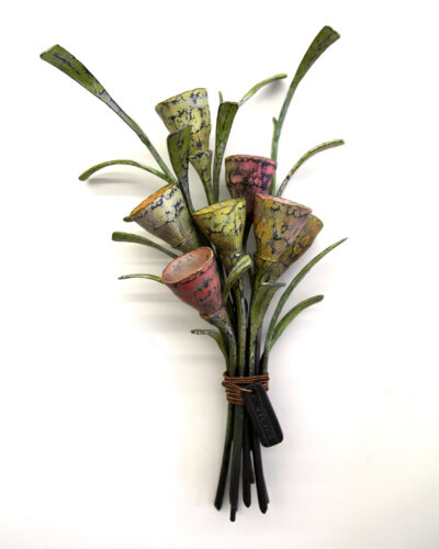 Susan Madacsi, Tulips for Steven, forged and fabricated steel, paints, wax, 26 x 13 x 2 inches