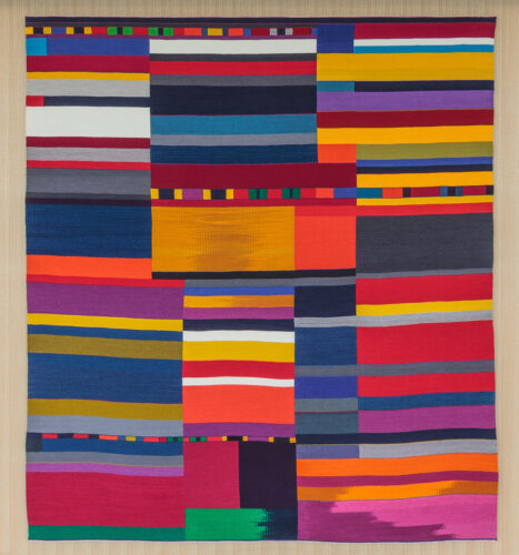 Mary Zicafoose, Flags for the Fathers, ikat wrapped, acid-dyed wool on linen warp; slit tapestry, 95 x 85 x 5 inches
