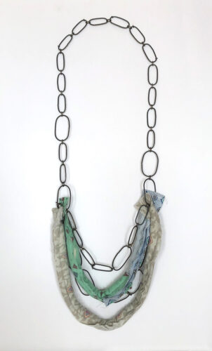 Heather Nuber, i'm doing okay, steel, cotton cording, pieces of my father's hospital gowns, 10 x 26 x 1-1/2 inches