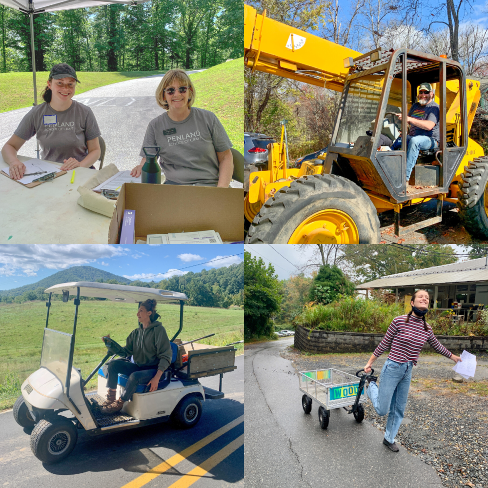 Penland staff members greet students, operate a crane, drive a golf cart, and pull a wagon
